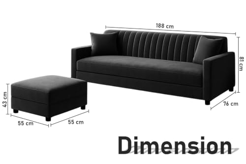 Image of Modern 3-Seater Wooden Sofa Set with Ottoman, Soft Velvet Upholstery, Comfortable Couch for Living Room, Office & Apartment - Black Color