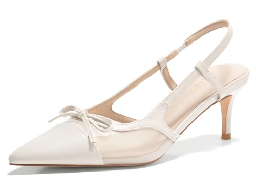 Coutgo Womens Kitten Heels Slingback Mesh Pumps Bow Tie Closed Pointed Toe Two Tone Slip on Work Dress Shoes