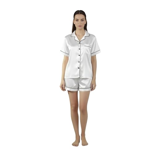 Womens PolyJersey Pajamas Set Pack of 2 Short Sleeve Sleepwear Soft Shorts Pjs Set Pyjama Set Two Piece Button Down Loungewear Nightwear Pj Set - White (L)