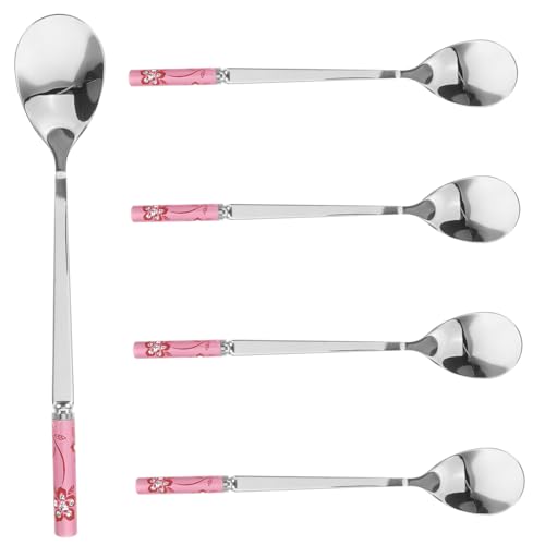 TOYANDONA Set 5 Cucchiai Da Dessert in Acciaio, Cucchiai Per Gelato e Tè a Manico Lungo, Multiuso Per Cocktail, Caffè e Dessert, Adatti Per Casa, Bar e Pasticcerie, Confezione Rosa Oro Portatile