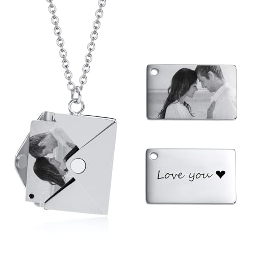 Photo Necklace Personalised Gifts for Mum - Custom Envelope Necklace with Engraved Message Love Letter Locket Necklace Women Envelope Lockets Mum Necklace from Daughter Mother’s Day Jewellery (Silver)