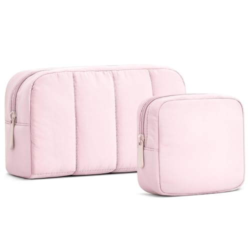 oscaurt 2 Pcs Makeup Bag Travel Toiletry Bag for Women Puffy Padded Cosmetic Pouch Purse Wide-open Makeup Organizer Case Travel Essentials