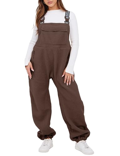 SeekMe Womens Fleece Overalls 2024 Warm Winter Casual Loose Jumpsuits Sherpa Bib Overalls Fuzzy Ski Pants with Pockets(1833-Brown-M)