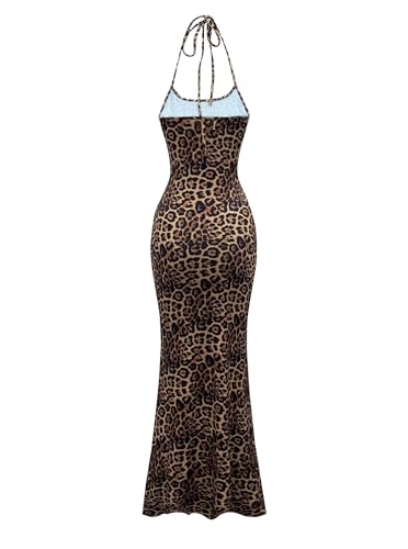 SOFIA'S CHOICE Cheetah Print Dress Leopard Halter Neck Long Tight Bodycon Spaghetti Strap Maxi Dress2
