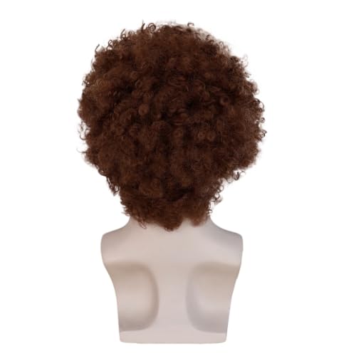 Perruque synthétique courte bouclée brune et barbe volume naturel