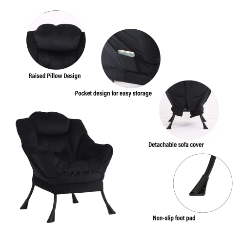 Welnow Lazy Chair With Ottoman, Modern Lounge Accent Chair With Armrests And A Side Pocket, Leisure Upholstered Sofa Chair Set, Reading Chair With Footrest For Small Space, Corner Chair, Black #TOP5
