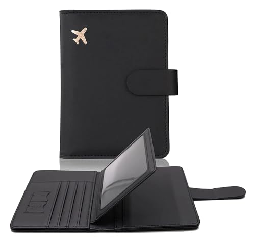 Passport Holder with RFID Blocking Slots, PU Leather, Slim Design, Sim Card Storage, Magnetic Closure (Black)