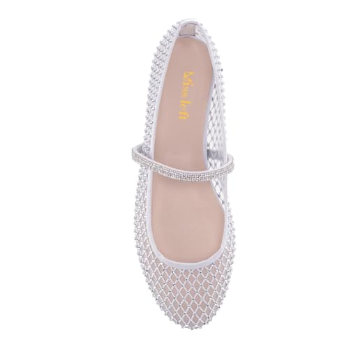 miss left Women Studded Rhinestone Single Strap Fine Mesh Mary Jane Flats Round Toe Comfortable Party Daily Dress Shoes Size 4-16 US4
