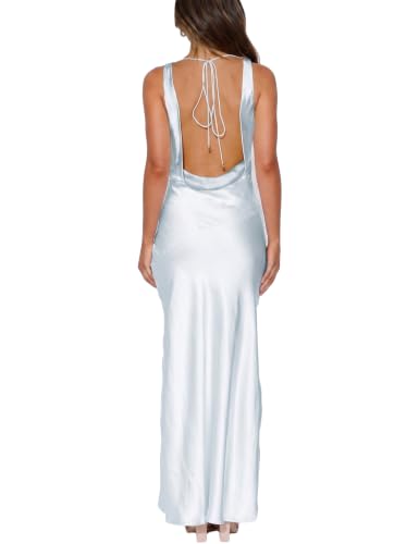 Image of KOUNAI Satin Backless Formal Maxi Dresses for Women Wedding Guest | Silk,Cowl Neck,Drape Neck,Open Back,Sleeveless,Tie Back,Elegant,Cocktail,Bridesmaid,Beach,Vacation,Party,Graduation,Midi