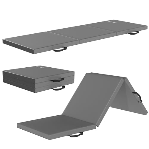 Folding Exercise Gymnastics Mat, 2'x6'x2" Gym Workout Mat with Carrying Handles 3-Fold High-Density Anti-Tear Portable Fitness Aerobics Mats for Home Gym Yoga Pilates Tumbling MMA Core Training, Grey