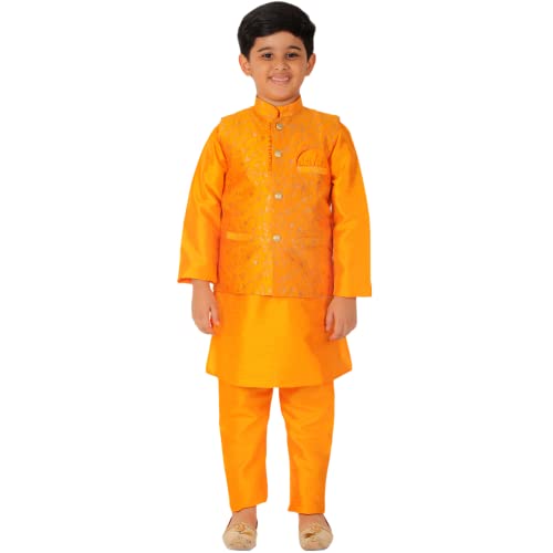 Image of Pro-Ethic Style Developer Kurta Pajama For Kids Boys With Waistcoat | Silk | Floral | Traditional Dress (S-201)