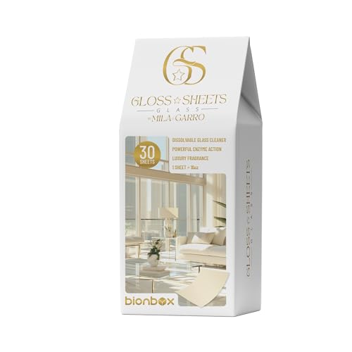Bionbox Glass Cleaner by Mila Garro – Streak-Free Enzyme Formula – 30 Water Dissolvable Sheets (Makes 3.75 Gallons) – Window & Mirror Cleaning – Free 2 Microfiber Cloths