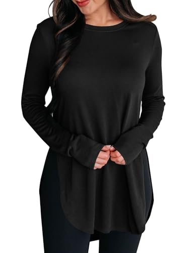 BZB Womens Long Sleeve Tunic Tops Fall Casual Crew Neck Side Split Hi-Low Hem Loose Shirts To Wear With Leggings