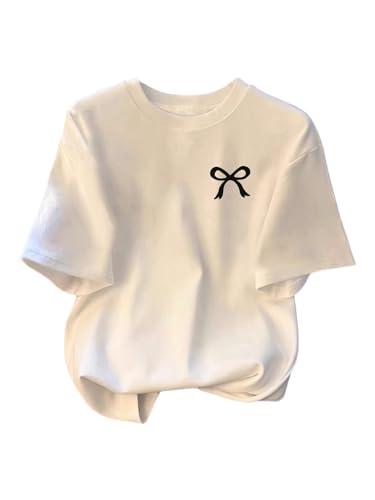Image of RoseSeek Women's Bow Print Short Sleeve Round Neck Oversized Tops Basic Loose Fit Drop Shoulder Tees for Summer