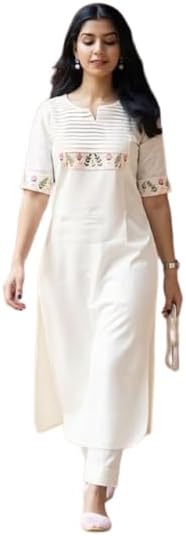 Women's White Cotton Straight Kurti with Floral Embroidery, Pin-Tuck Yoke, Casual Ethnic Wear