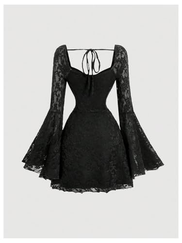 Image of WDIRARA Women's Floral Jacquard Mesh Gothic Dress Bell Long Sleeve A Line Vintage Dresses | Mesh fabric, A-line, vintage