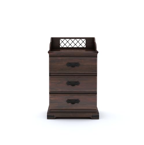 Image of Solid Sheesham Wood Bedside Table with 3 Drawer Storage End Table Sofa Side Table for Living Room Home and Office (Walnut Finish)