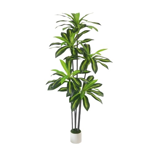 Artificial Dracaena Tree 6FT with White Planter - Faux Yucca Tree with Lifelike Trunk and Leaves in...