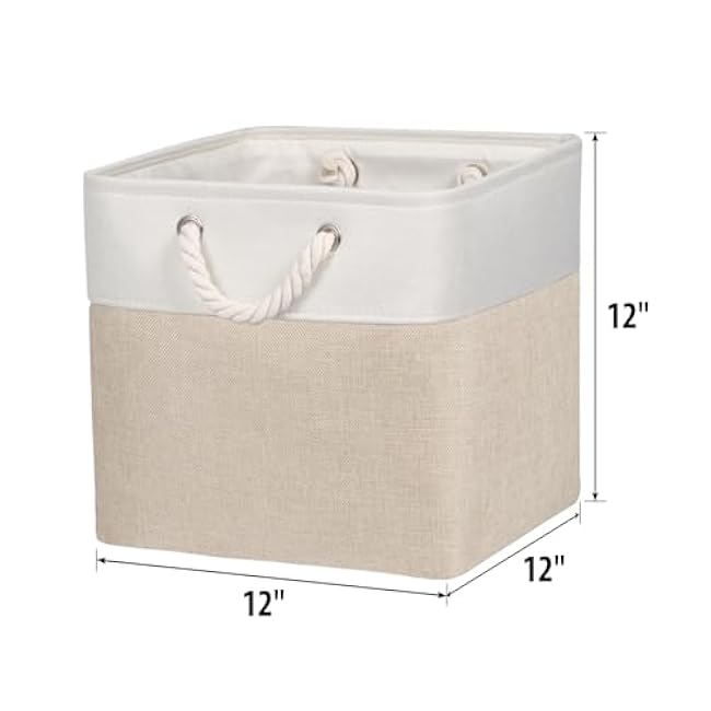 Univivi Fabric Storage Cubes 12 inch Cube Storage Bins with Rope Handles, Storage Baskets Cubes Organizer for Home Shelf Closet (White&Beige Brown , 4-Pack)