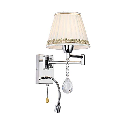 Preisvergleich Produktbild Modern Crystal Wandleuchte verstellbarem Schlauch LED 3W Leselampe Warmweiß Nachttischlampe mit Zugschalter Innen Schlafzimmer Nachtlicht Stoffschirm Wandlampe Leselicht Wandspot Design E14 MAX 40W