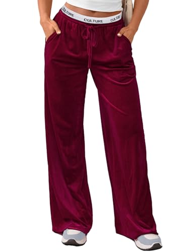 Herseas Women's High Waisted Wide Leg Contrast Waistband Long Pants 2025 Fall Casual Front Tie Velour Sweatpants
