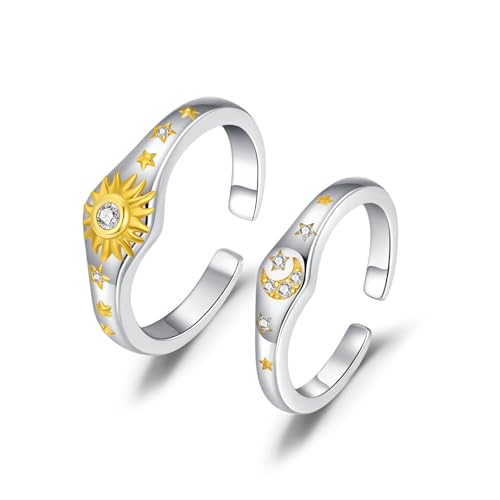 Cuoka Sun Moon Couple Rings 925 Sterling Silver Sun and Moon Couple Promise Matching Rings Set,Fashion Celestial Engagement Ring Jewelry for Him and Her