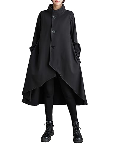 ellazhu Women's Coat High Neck Button Down Long Sleeve High Low Flowy Hem Solid Loose GZ294 A
