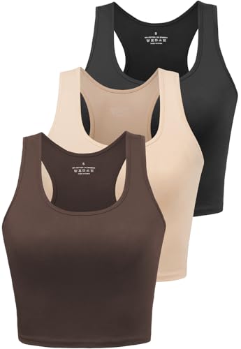 Workout Crop Tops for Women Tank Top Cropped Athletic Shirt Racerback Tanks Sleeveless Undershirt Fitted Summer Tops Gym Exercise Clothes Work Out Running Activewear 3 Pack Black/Coffee/Beige S