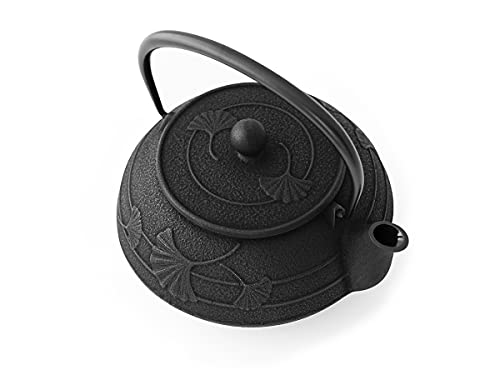 Iwachu Teekanne Gusseisen. Japanische Kyusu Ginkgo Original, Schwarz 650ml, 0,65 Liter Siebeinsatz Edelstahl. Innen Emailliert, alle Teesorten