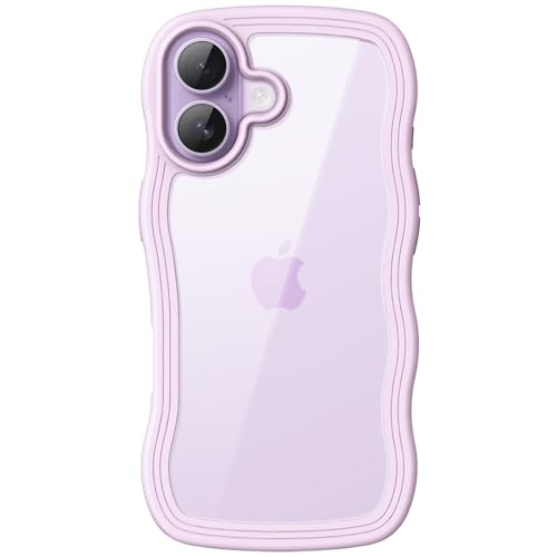 JETech iPhone 17 6.3インチ用 ウェーブ ケース かわいい 波状フレーム うねうね 耐衝撃 スマホカバー 女性用 女子向け クリア ハードPCバック (パープル)