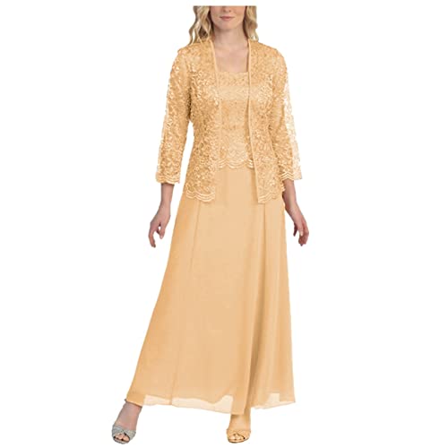 Lace Dress for Women Chiffon Party Wedding Long Dress Plus Size Mother of The Bride Lace Formal Gowns and Evening Dress Solid Color Open Front Cardigan Dress(Gold,4X-Large)