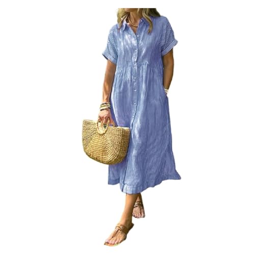 BQLFPOIHP Striped Lapel Button Down Shirt Dress, Summer Casual Button up Short Sleeve Long Shift Dress(Blue,2XL)
