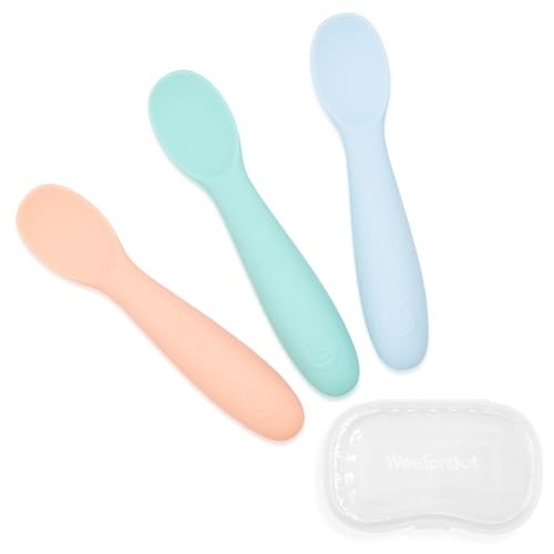Image of WeeSprout Baby Spoons for Self Feeding 6 Months +, Soft & Durable Silicone Utensils for Sensitive Gums & Teeth, Easy Grip Handles & Shorter Length for Little Hands, 3 Pack + Carrying Case