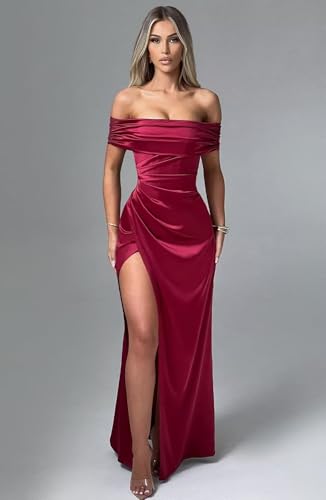 Satin Bridesmaid Dresses Off The Shoulder with Slit Women’s Long Ruched Bodycon Prom Dress 20252