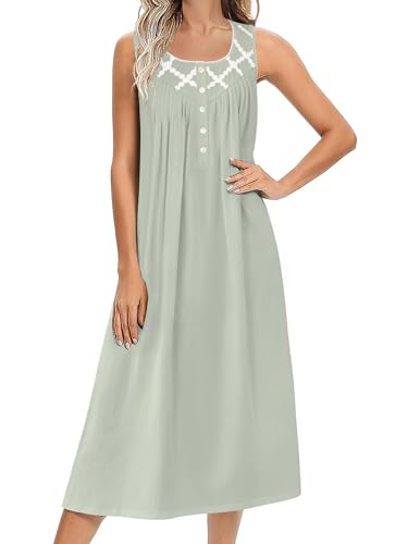 Image of Ekouaer Nightgowns for Women Cotton Long Night Gown Sleeveless Sleep Dress Victorian Nightdress Ladies Sleepwear Light Green Medium