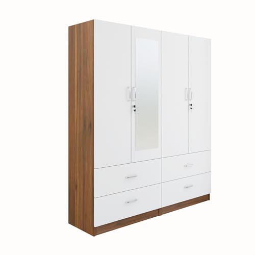 Image of VIKI Wardrobe | Wooden Almirah for 4 Door 4 Drawer with Shelves & Hanging Space Mirror Wardrobe (Walnut | White - 40D x 160W x 180.8H) | 1 Year Warranty | Free Assembly