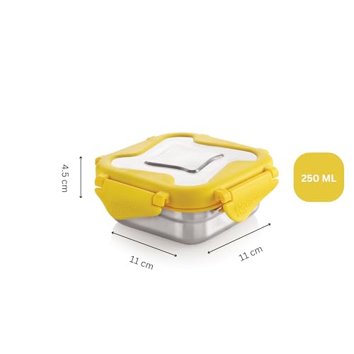 Image of STEELLOCK Smart Stainless Steel Tiffin Lunch Box for Kids and Adults | Airtight & Leakproof | Square Tiffin Box for School & Office with Steel Lid | Yellow 360 ml 2 pc