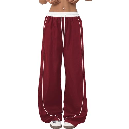 Image of Women's Baggy Loose Fit Wide Leg Track Pants | Elastic Waist Drawstring Casual Lounge Trousers with Side Stripe and Pockets