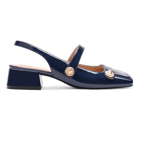 Image of Slingback Mary Jane Heels for Women Low Block Heel Closed Square Toe Pump Shoes Heels Classic Daily Office Dressy Shoes
