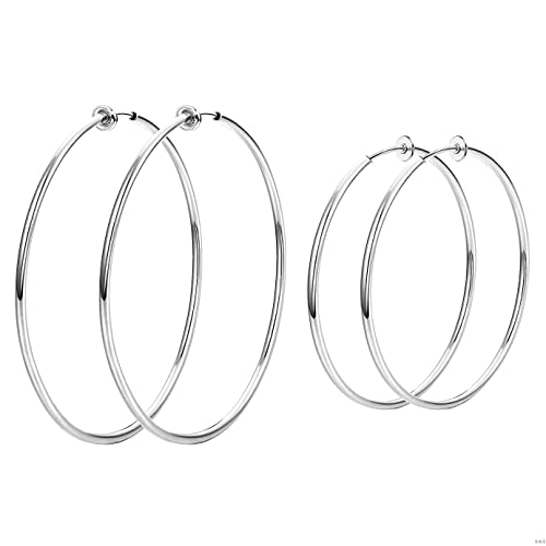 Stainless Steel Big Clip On Spring Hoop Earrings 3 Pcs Jewelry Set Gunmetal Tone