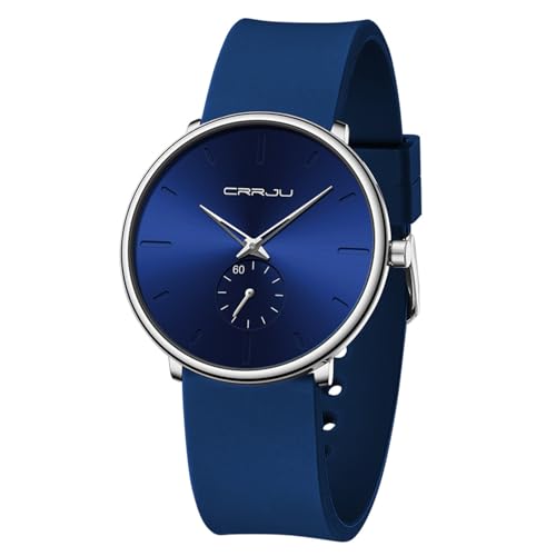 CRRJU Men’s Casual Stylish Waterproof Quartz Wristwatches, Ultra Thin Second Hand Watches for Men, Colorful Silicone Band blue silver