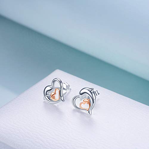 Dolphin Earrings Gifts for Women 925 Sterling Silver Gold Plated Eternal Love Heart Double Dolphin Stud Earrings Christmas Gifts for Women Girls (Rose gold dolphin earrings)3