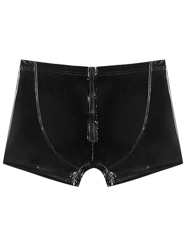 YiZYiF Men's Wet Look PVC Leather Short Solid Liquid Bulge Pouch Open Butt Boxer Shorts Hot Pants4