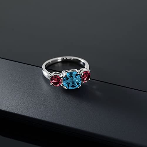 Gem Stone King 3.94 Cttw London Blue Topaz and Red Rhodolite Garnet 3 Stone Engagement Ring For Women | 925 Sterling Silver | Gemstone November Birthstone | Cushion 8MM | Available in Size 5,6,7,8,94