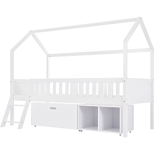 Wooden House Bed with Storage Compartments and Large Drawer, Solid Pine Wood Cabin Bed Frame, 3ft Single Tree House Canopy Bed Children's Storage Bed With Ladder and Guard Rail, 190x90 cm, White