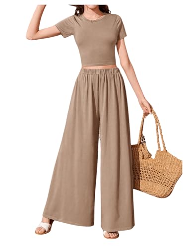 Image of OYOANGLE Girl's 2 Piece Outfits Short Sleeve Crew Neck Crop Top and Elastic Waist Wide Leg Pants Set