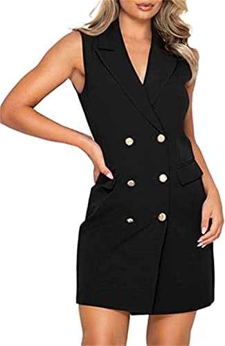 Women Blazer Dresses Elegant V-Neck Sleeveless Casual Work Office Double