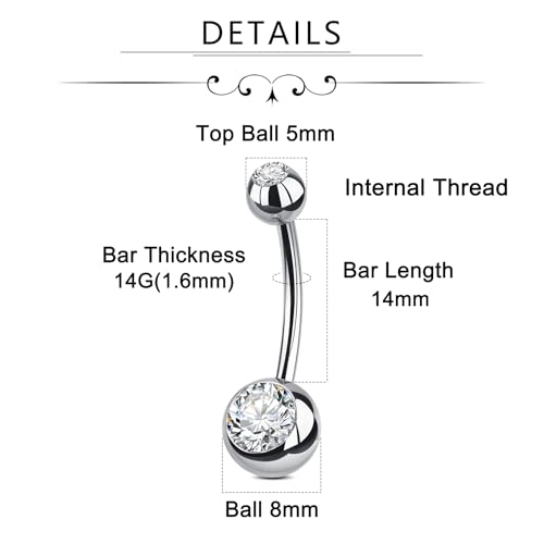 AceFun Belly Button Bar Solid Titanium,14mm Threaded Belly bars Rings Silver with CZ 14G Belly Piercing Jewelry Silver Belly Button Rings Navel Piercing Jewelry For Women Men by AceFun - Used condition - Image 2