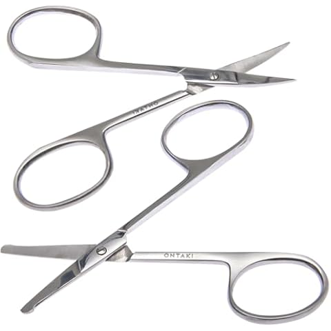 ONTAKI Curved and Rounded Facial Hair Scissors for Men - Mustache, Nose Hair & Beard Trimming Scissors, Safety Use for Eyebrows, Eyelashes, and Ear Hair - Professional Stainless Steel (Silver) Cover