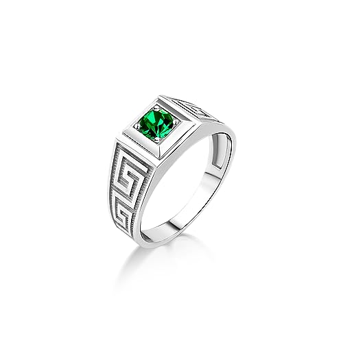 Bague émeraude verte pour hommes en argent gravé main au style unique